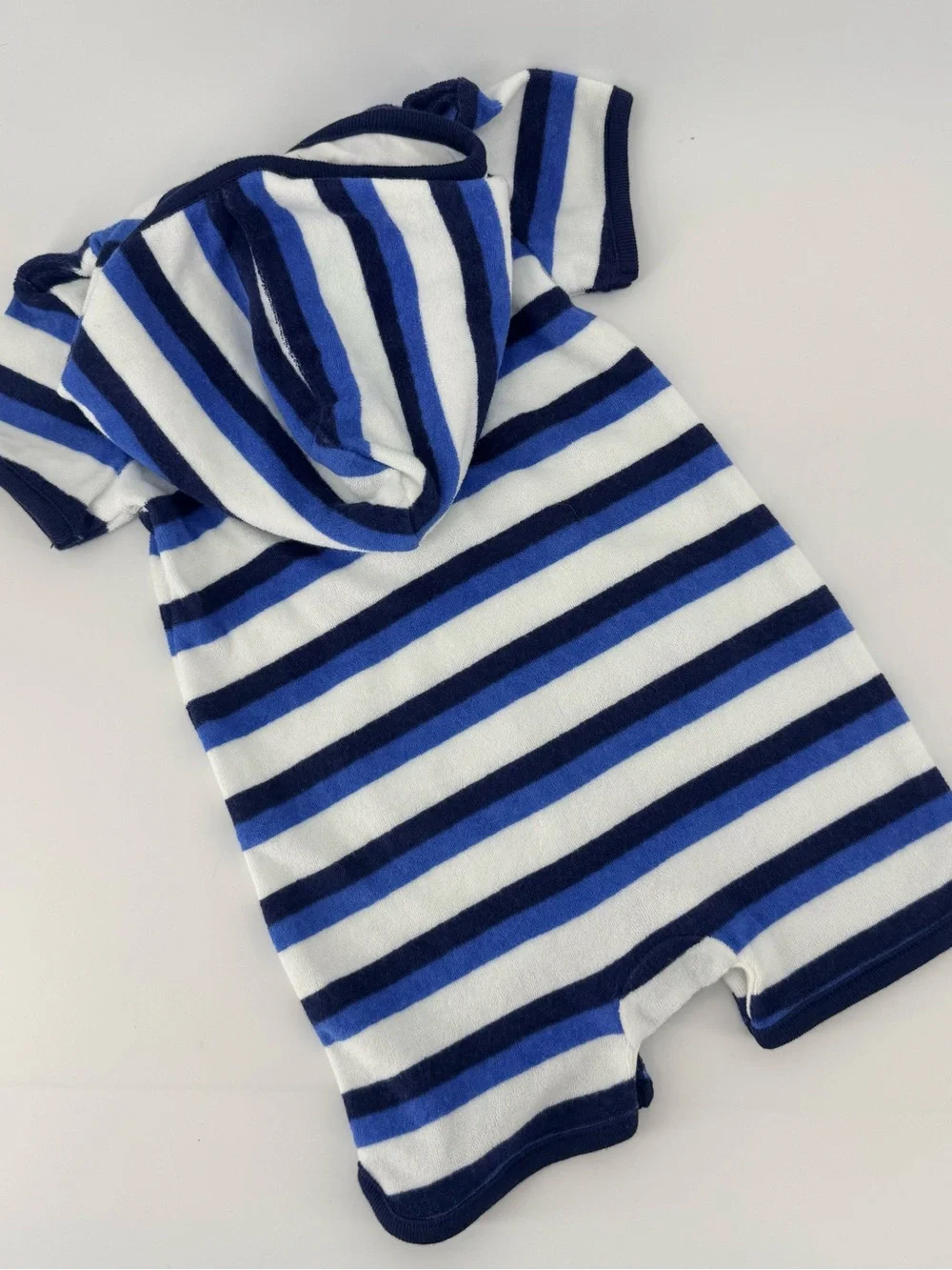 Baby GAP Blue and White Striped Baby Boy Hooded Terry Cloth One-Piece Romper